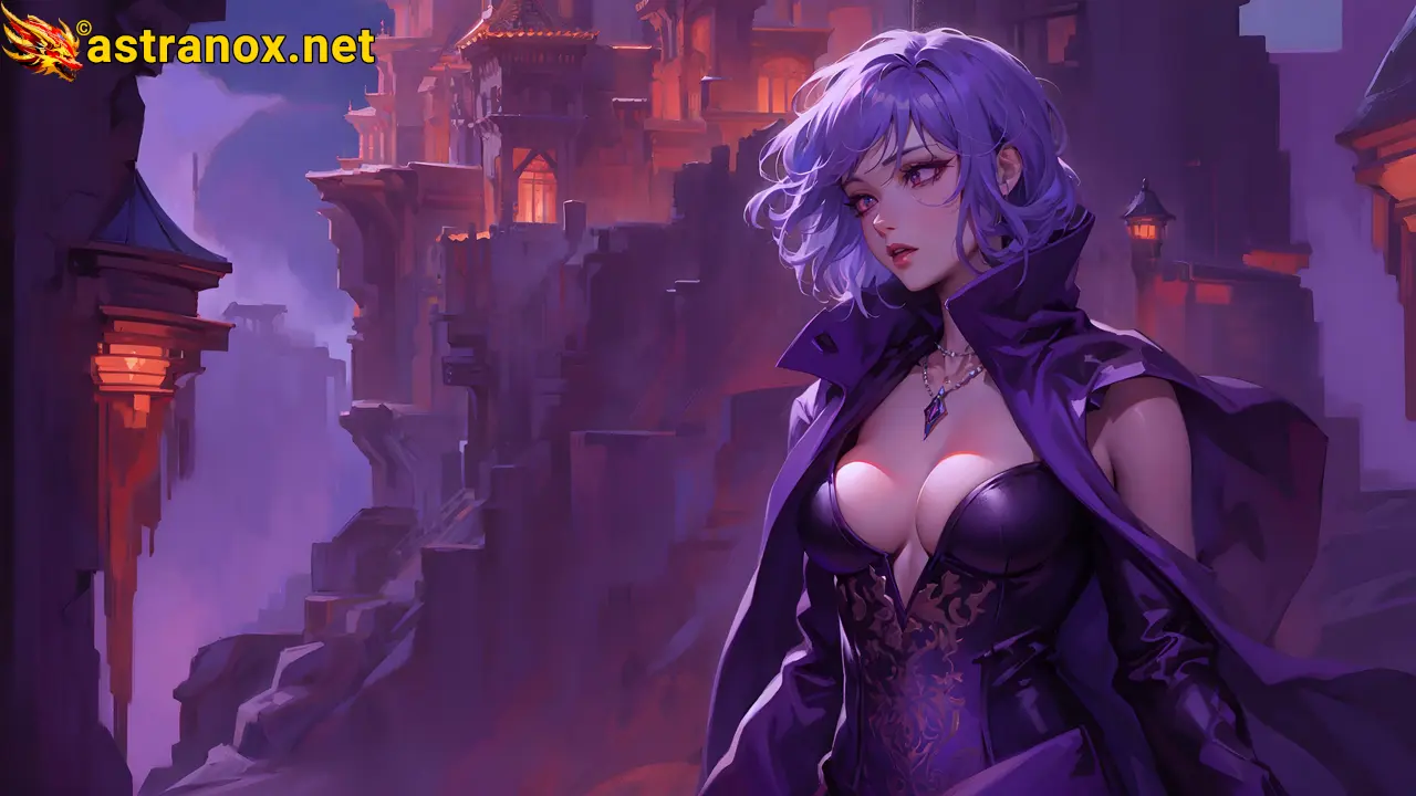 A captivating 4K wallpaper depicting a stunningly beautiful sinister sorceress of Japanese, Russian, and Polynesian origins, clad in a revealing purple corset and leather pants, with waist-length lavender hair streaked with lighter tips, reigning as the cruel mistress over The Nighthold, a twisted realm of eternal darkness. Astranox