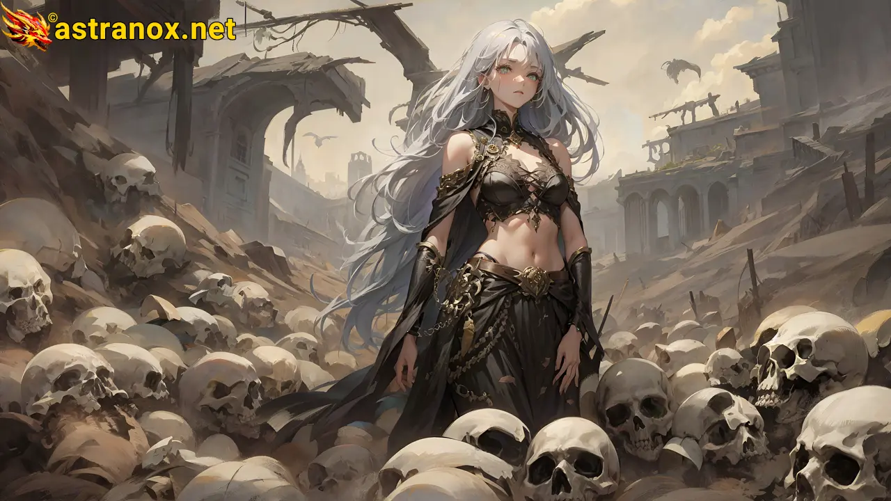 An enthralling 4K wallpaper depicting a stunningly beautiful bone priestess of Brazilian, Indian, and Chinese origins, clad in tattered dark robes and an obsidian corset adorned with bleached bones, standing amidst The Boneyard, a realm where an undying army of fallen warriors guards dark mysteries. Astranox