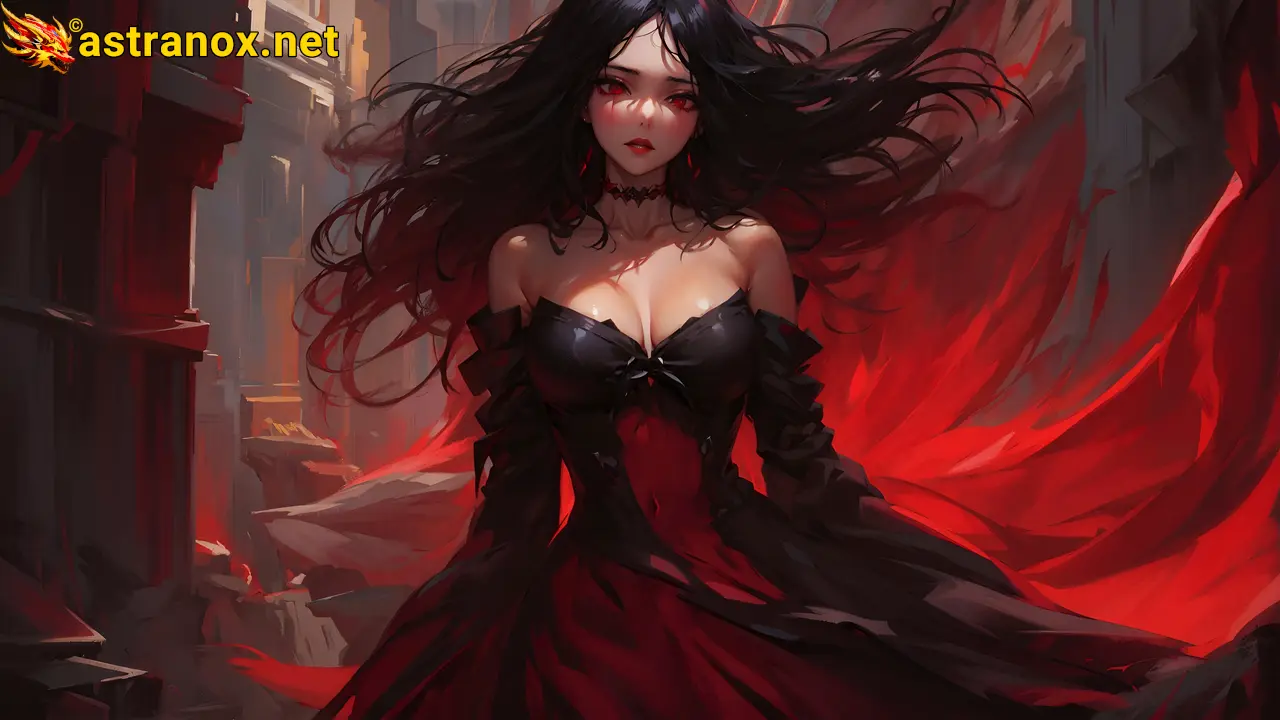 A mesmerizing 4K wallpaper depicting a stunningly beautiful blood priestess with glowing crimson eyes, of Spanish, Ethiopian, and Filipino origins, clad in revealing black garb, standing within The Gorgemire, a bottomless underworld chasm teeming with foul ooze, congealed viscera, and unholy abominations swimming in the depths. Astranox