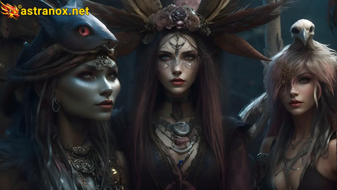 Immerse in a fantasy world with a female necromancer, a female shaman, and a whimsical witch. True Neutral alignment adds depth to the tale. Enchanted Fantasy Wallpaper with an air of mystery Astranox