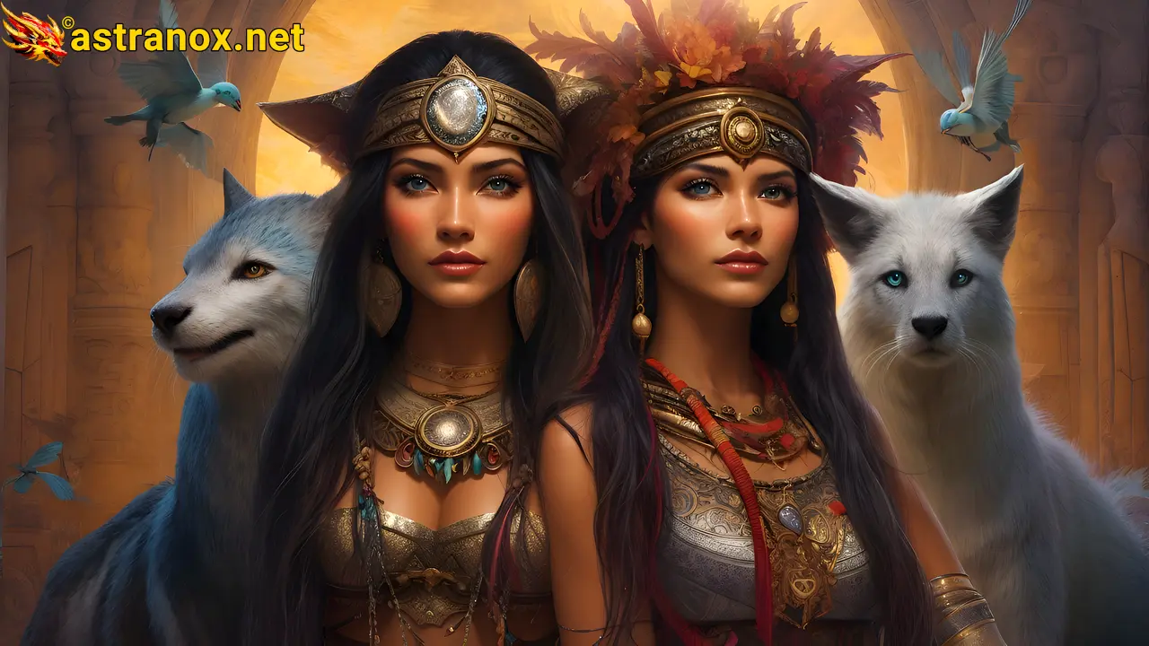 Enchanting 4K wallpaper: two female shamans, magical circlets, feline companions, and more in a world of mystical wonder Astranox